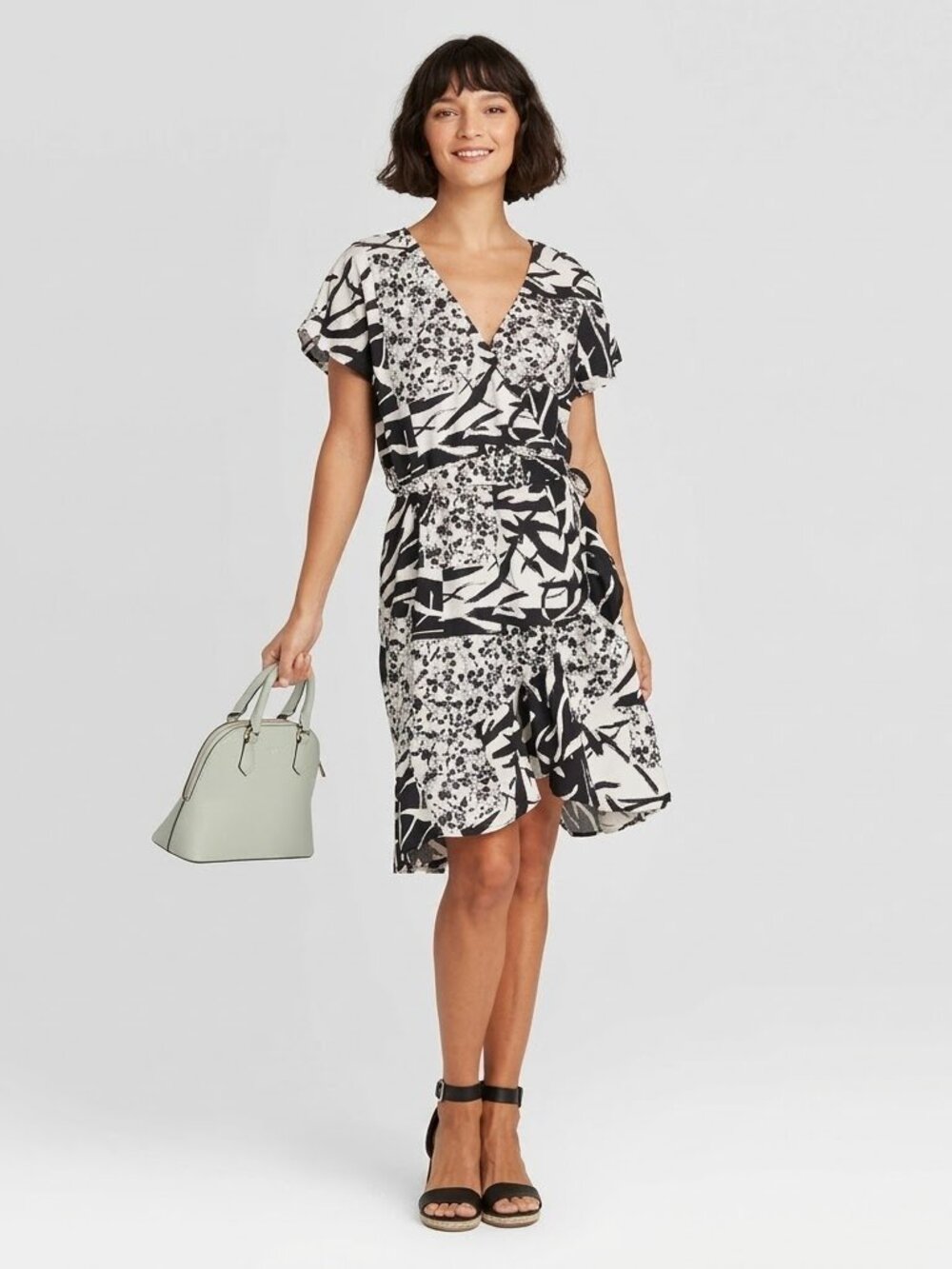 Black White Wrap Dress Surplice Midi Ruffle Hem Tie Waist Size M